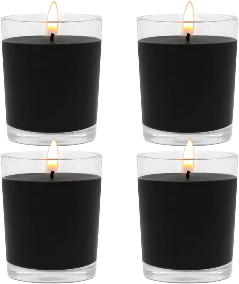 BERYSCEN Set of 4 Black Votive Candles for Halloween Pumpkin, Clear Glass Filled Unscented Soy Wax Candle for Dinner, Parties, Home Decorations and DIY - Image 1